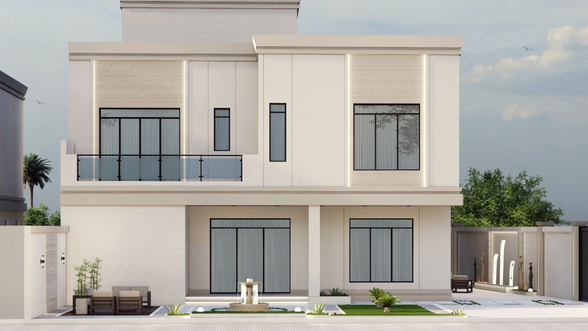 Malkiya Twin Villa — Rear elevation with first-floor balcony and full-height ground-floor glazing