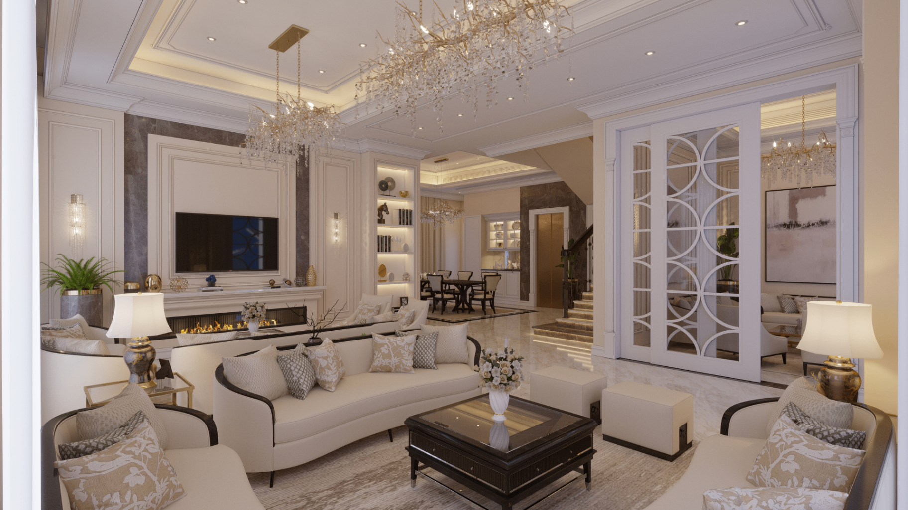Riffa Villa completed living area after detailing, lighting, and styling