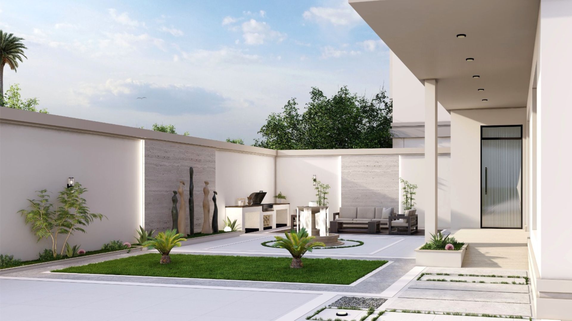 Malkiya Twin Villa — Private courtyard garden with sculptures, outdoor kitchen and lawn