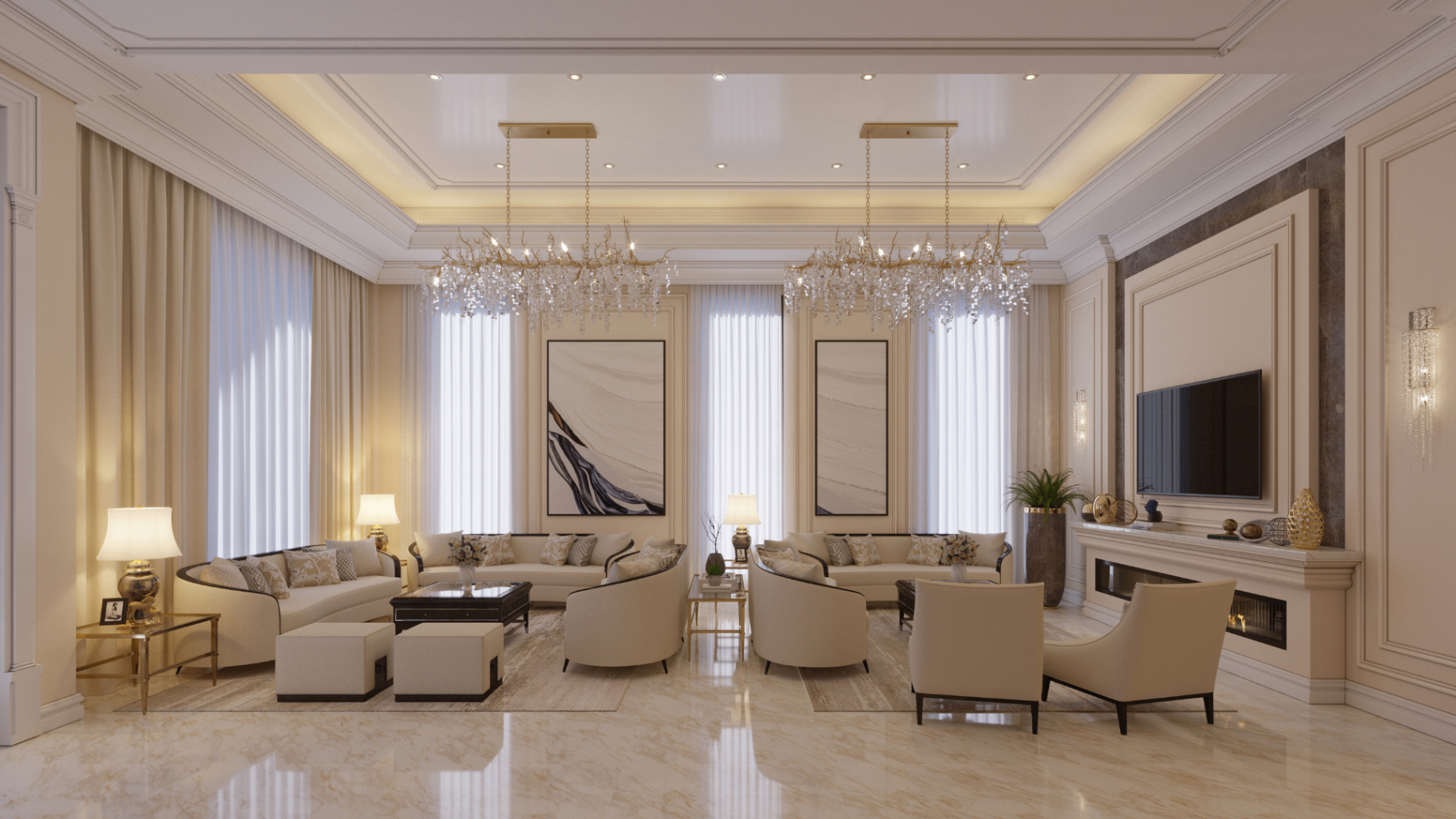 Riffa Villa living room after completion with chandeliers and seating